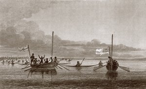 Eskimaux Coming Towards the Boats in Shoalwater Bay, 7 lipca 1826, z „Narracji o drugiej wyprawie do brzegów Morza Polarnego w latach 1825-27” autorstwa sir Johna Franklina (1786-1847) grawerowane